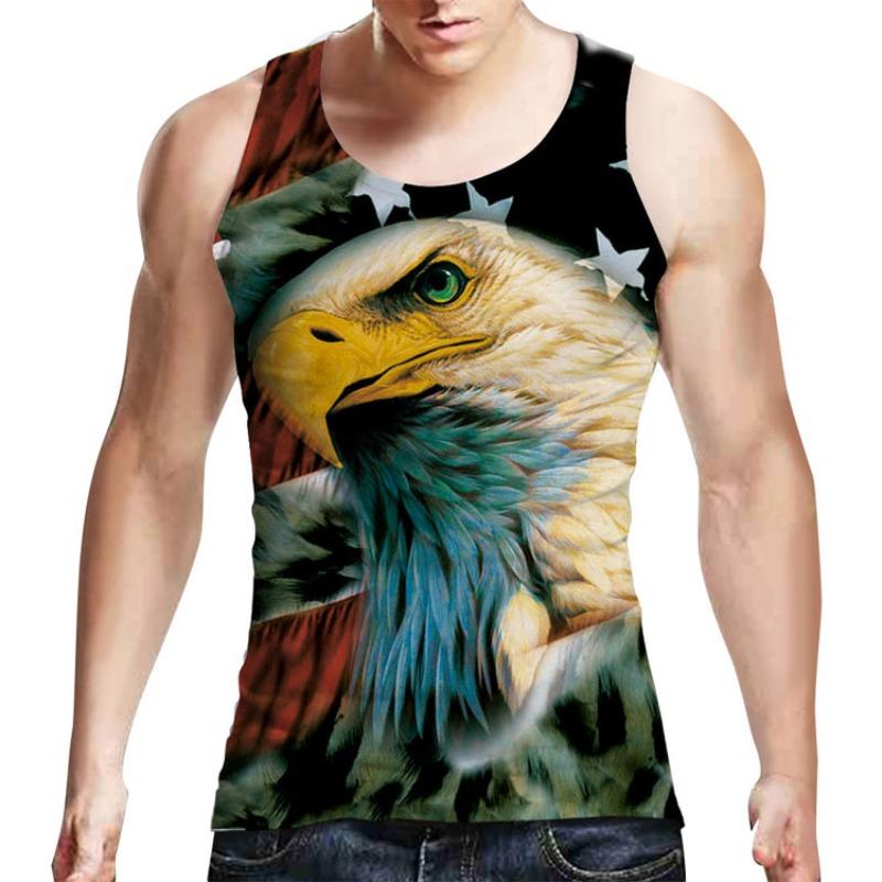 Men's O-Neck Eagle American Flag Pattern Print Tank Tops 3D Printed Vest Loose Sports Fitness  Sleeveless Shirt