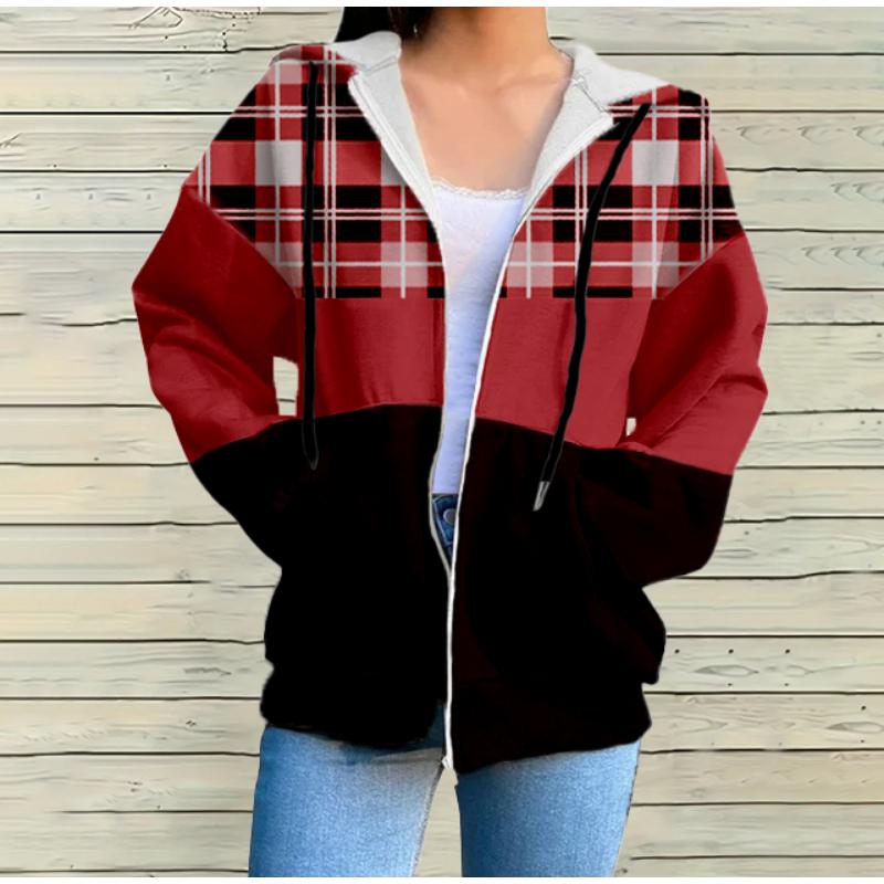 

Женский клетчатый трикотажный кардиган с длинными рукавами и капюшоном на молнии, повседневный, подходит для весны и осени 5XL