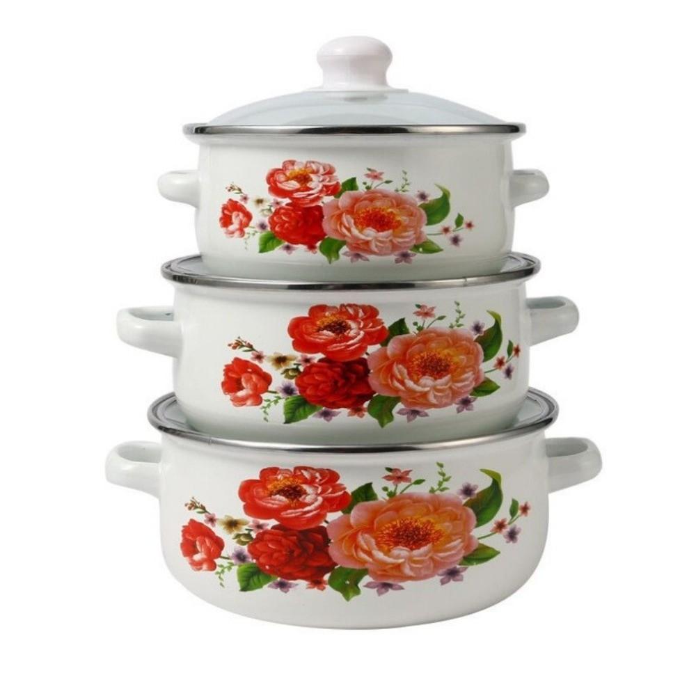 

3pcs Thickened 16/18/20cm Enamel Pot Visible with Lid Stew Soup Pot Multi-Purpose Floral Cooking Tools Gas Induction Cooker