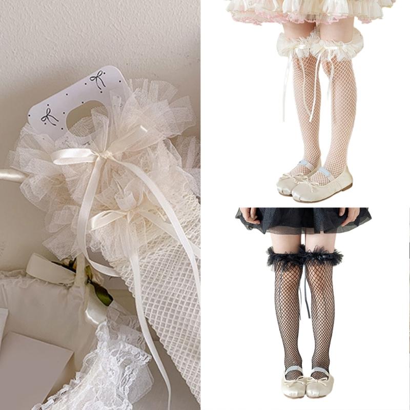 Breathable Lace Sweet Socks for Kids Feature Lovely Bowknot Edges, Lovely Girls In Tube Socks for Summer Outfits