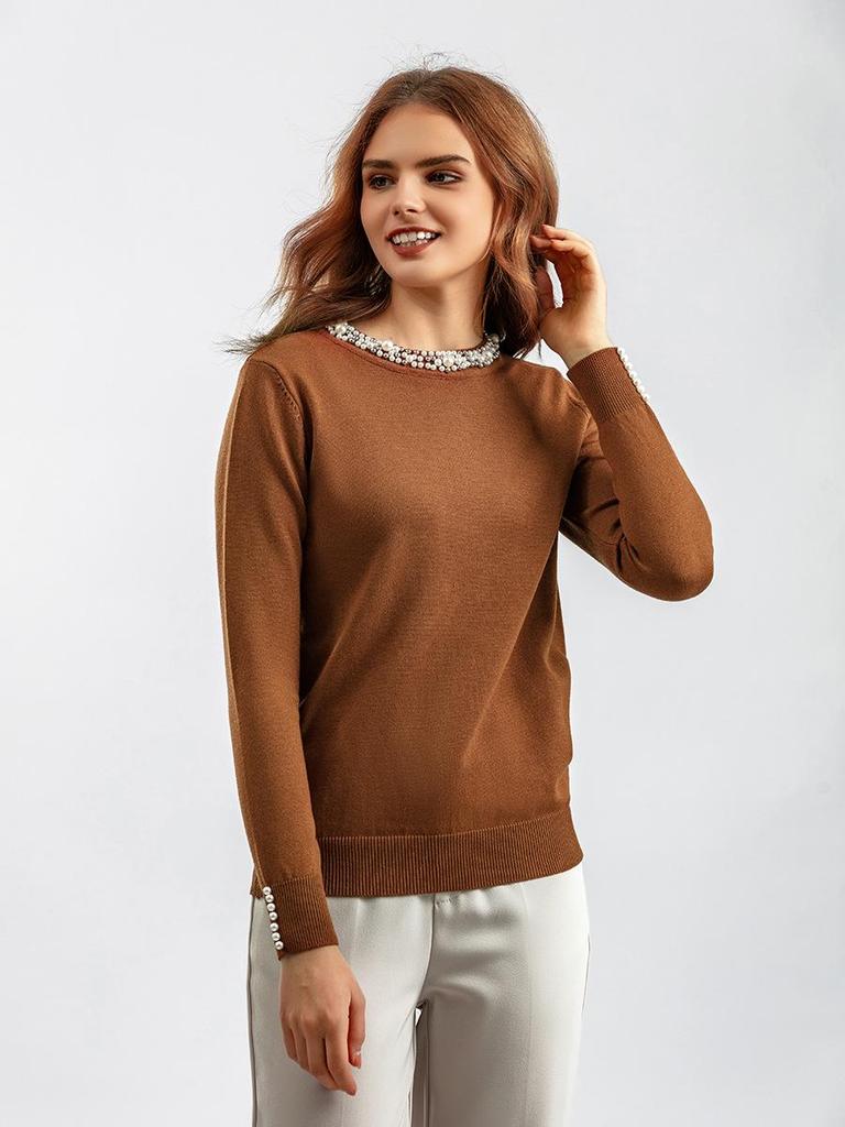 Korean Style Beaded Pullover Sweater for Women - Autumn/Winter Round Neck, Long Sleeve, Loose Fit, Slimming Knitwear, Elegant Base Layer Top