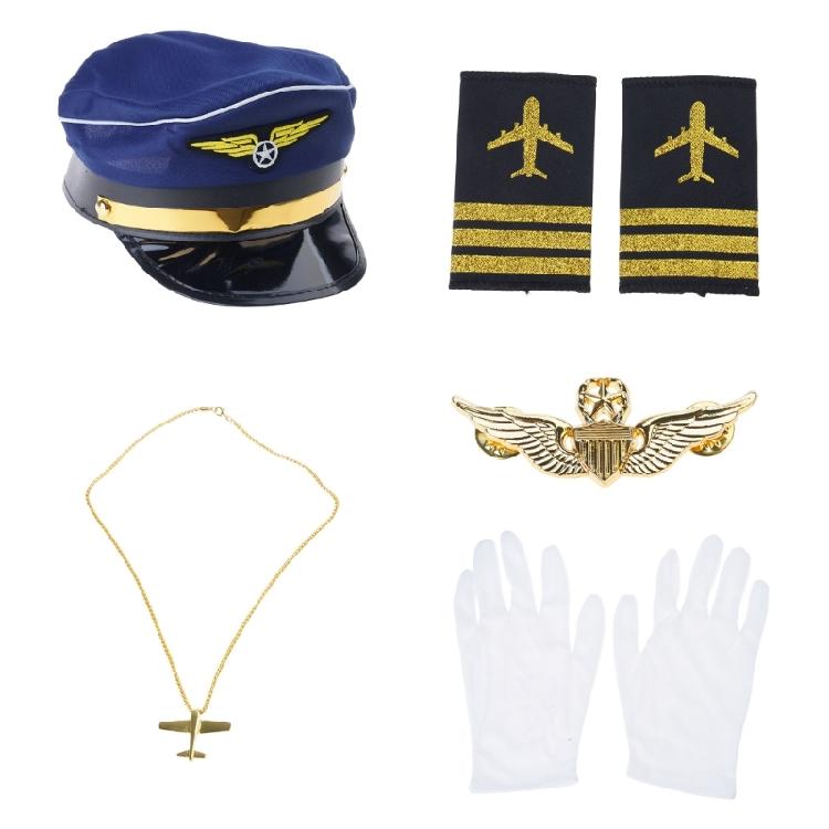 Flight Attendant Costume Captain Outfits Captain Hat Uniform Epaulets Neck Tie Gloves Stewardess Cosplay Accessories