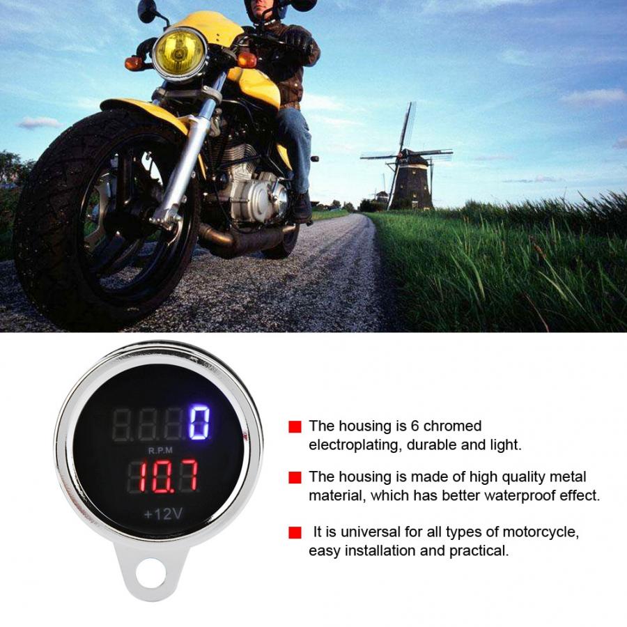 2 In 1 12V DC Motorcycle LED Digital Voltmeter Tachometer Gauge Metal Odometer Speedometer Motorcycle Accessories
