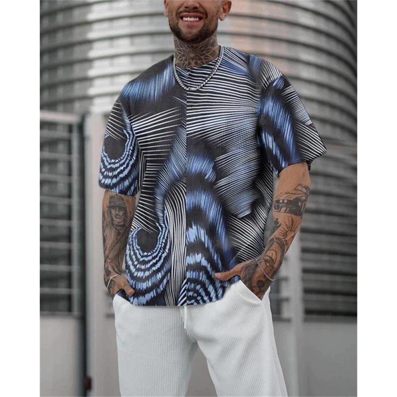 Tricou de vară pentru bărbați retro negru alb cu model geometric cu linii cubice, cu imprimeu mare, mânecă scurtă, top casual