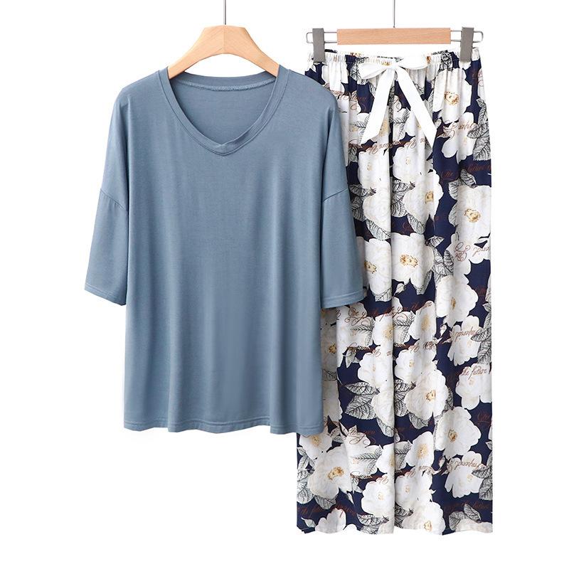 Sommer Damen Pyjama Sets Modal Kurzarm T-Shirts und Weitbein Hosen Heiß Lässig Homewear 2-teiliges Anzug Damen Nachtwäsche