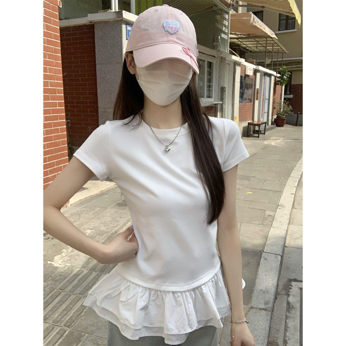 

Women s Chic Short-Sleeve Ruffle Patchwork Slim Fit Top - Summer Trend Large чёрный