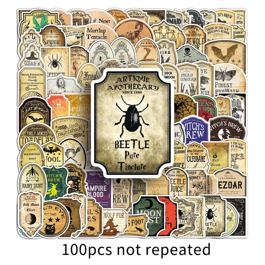 100 Waterproof Retro Potion Label Stickers for Journals, Laptops, and Water Bottles