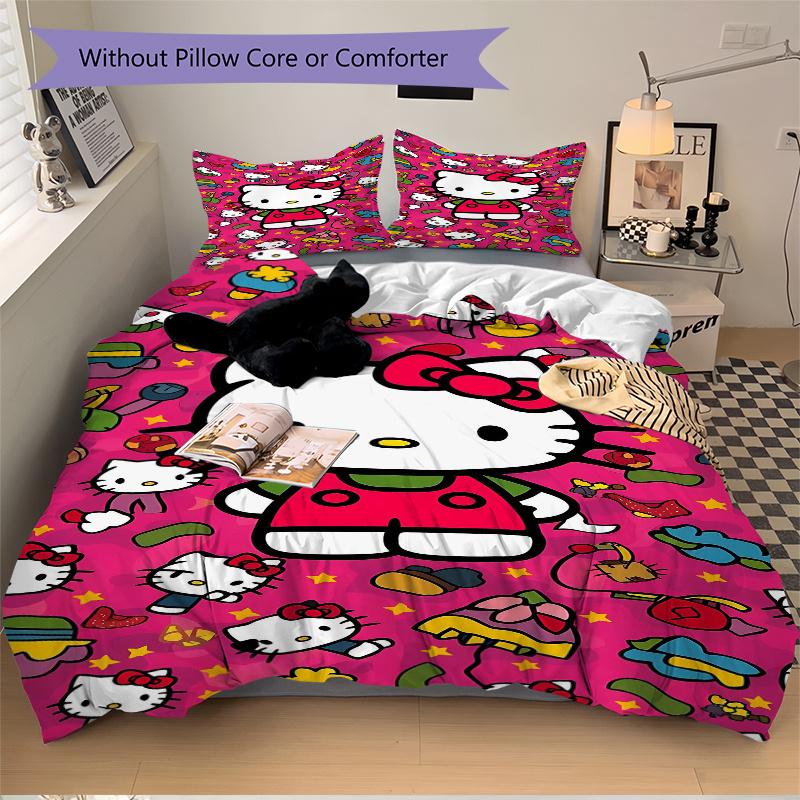 3pcs Pink Hello Kitty's Printed Quilt Set - Includes 1 Quilt Cover and 2 Pillowcases, Machine Washable - Suitable for All Seasons.S071