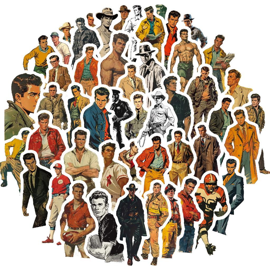 50Pcs Unique Retro Western Male Stickers Set - DIY Decals for Journal & Notebook Graffiti