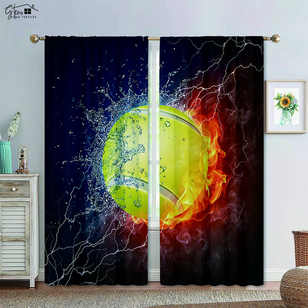 Basketball Football In Water and Fire Black Print Curtain Rod Pocket Machine Washable Bedroom Living Room Decorative Curtains