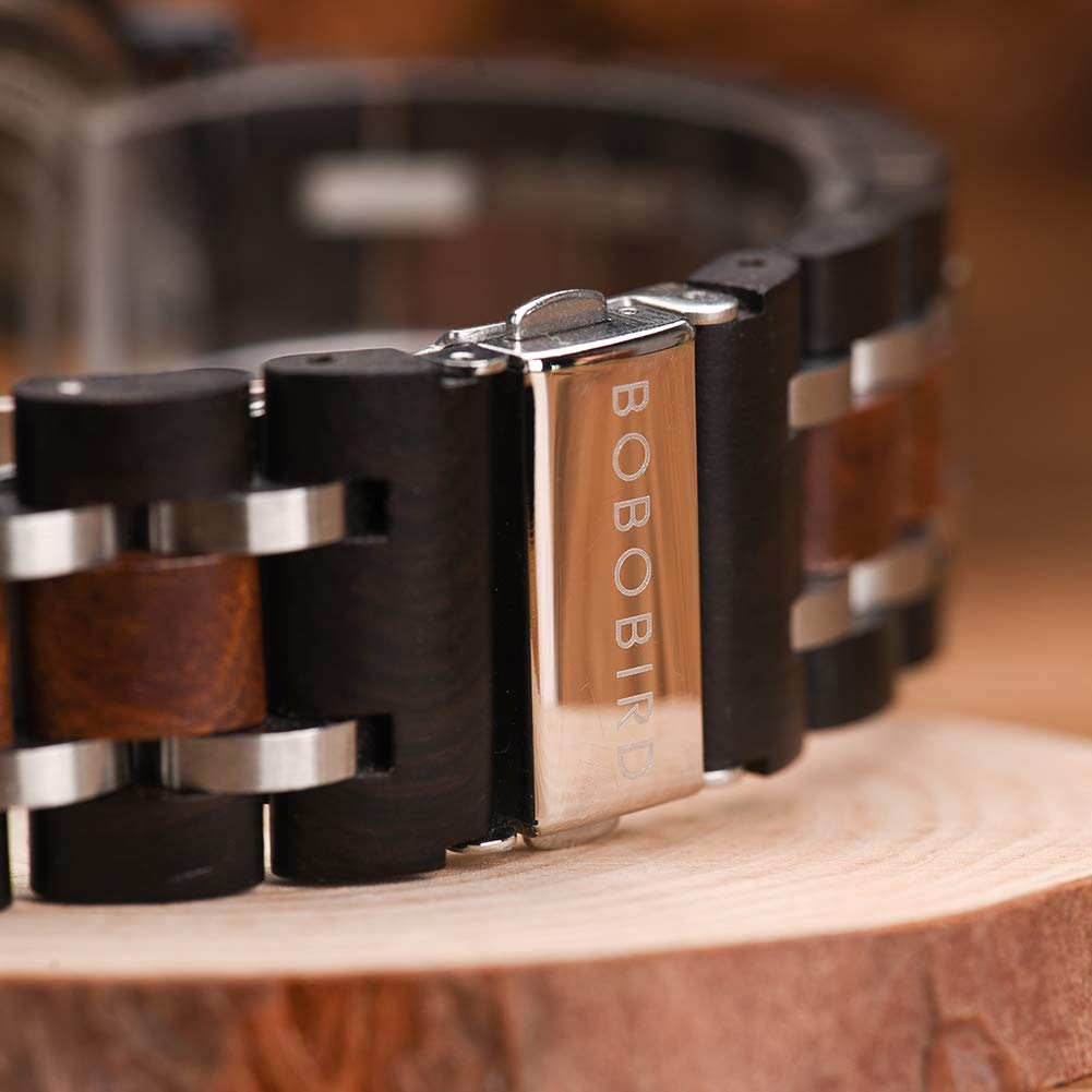 BOBO BIRD Wooden Stylish Wooden Stainless Steel Chronograph with Luminous Fashion Watch for 44 S18-1 Men's Watch, Pointers, Men, Black, mm,