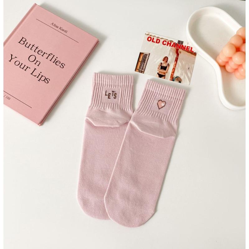 Spring Versatile Letter Heart Mid-calf Socks for Ladies, Breathable Cotton Socks