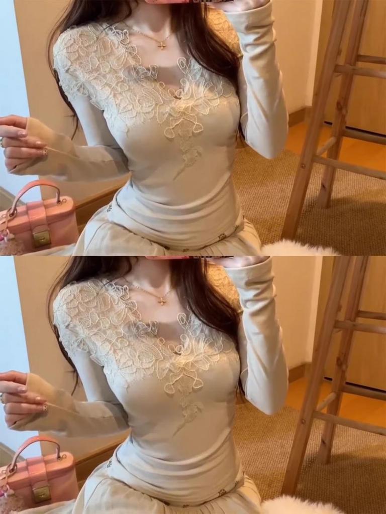 Apricot Lace V-Neck Long-Sleeve T-Shirt for Women - Spring Collection Slimming Top