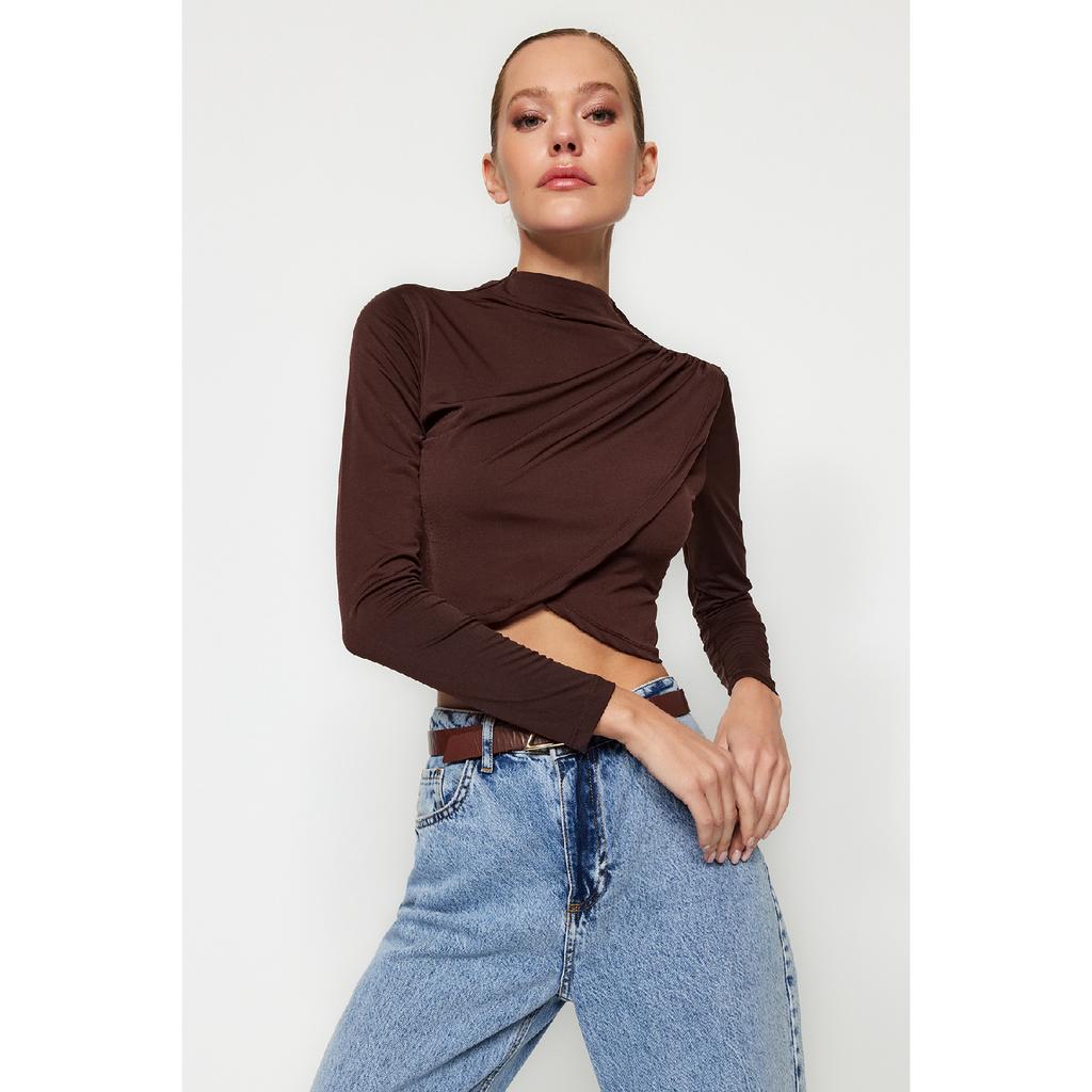 Bluză neagră drapeată cu guler înalt Twoaw24bz00164