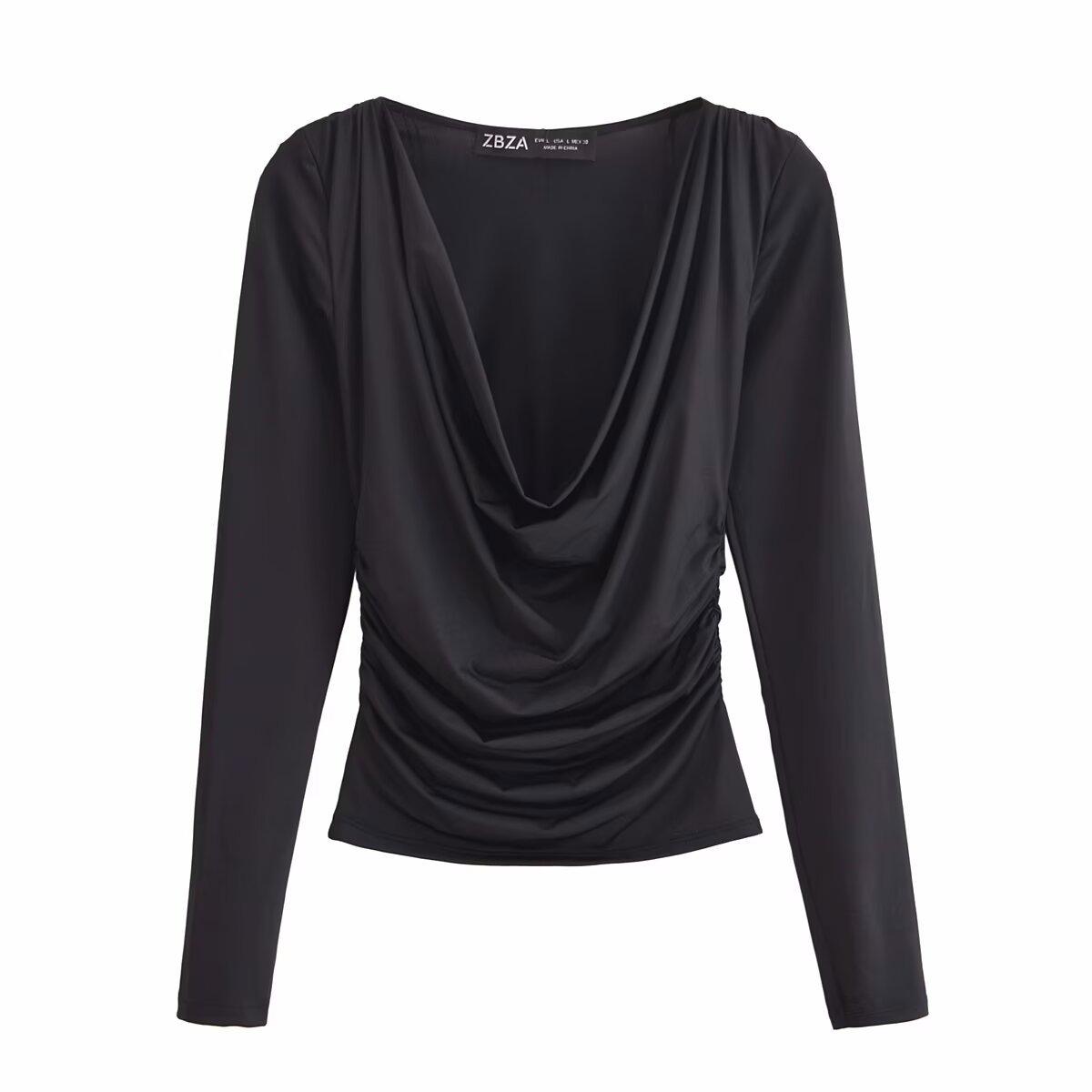 

Осень 2024 Женский европейский и американский стиль Универсальный плиссированный топ с длинным рукавом и драпировкой L