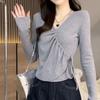 Plus Size Korean V-Neck Drawstring Long Sleeve Irregular T-shirt - Solid Color Slim Fit Trendy Autumn Top for Women