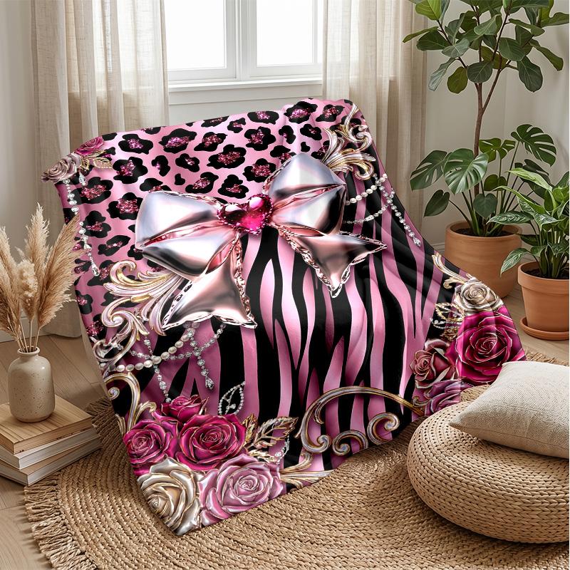 Pink Animal Print Bow Theme Blanket Lightweight Warm Flannel Blanket Decorative Throw Blanket for Home Decoration