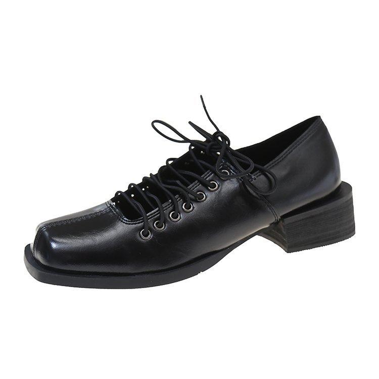 Women's Soft Leather High Heel Pumps Girls British Style Hollow Lace-up Uniform Shoes Shallow Mouth Female Sandals Plus Size 42