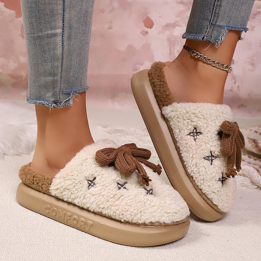 Fashion Sweet Bowknot Furry Comfort Indoor Slippers Women 2025 Winter Soft Non Slip Eva Slippers with Platform Warm Fluffy Fur Shoes