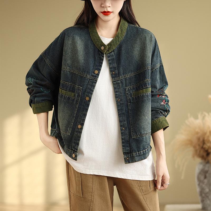 2024 Women's Loose Korean Style Embroidered Denim Jacket with Stand Collar and Long Sleeves