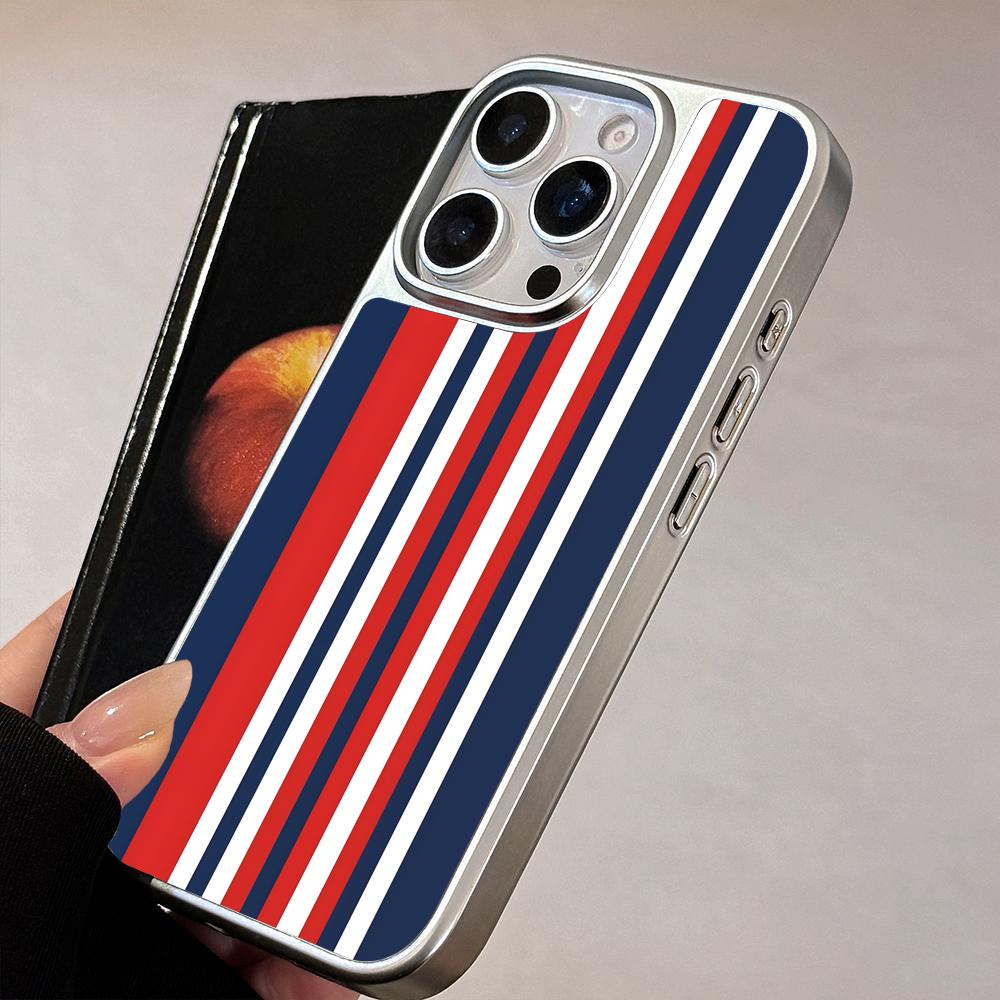 Red Blue Stripe Mobile Phone Case for iPhone 17 16 15 14 13 12 11 Air Pro Max Plus Silver Plating Colorful Cover Luxury Pretty