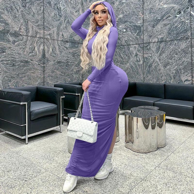 Damen Herbst Schlanke Einfarbige Kapuzen Hüfte Geteilte Kleider