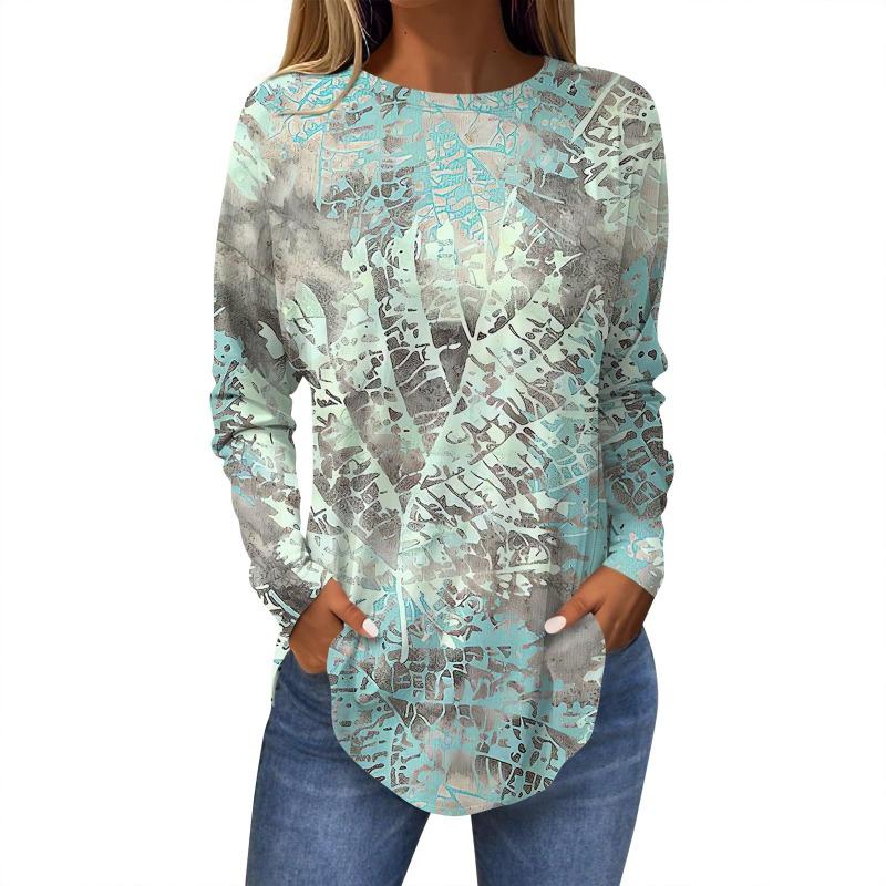 Damen T-Shirt mit 3D-Blattdruck, modisch, langärmlig, Rundhalsausschnitt, normale Oberteile, Feiertagswochenende, Frühling und Herbst