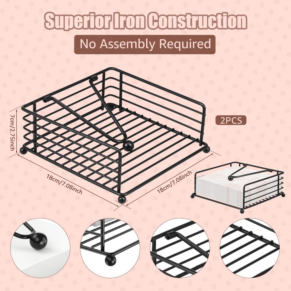 2Pcs New Flat Napkin Holder Metal Rustic Kitchen Napkin Holder Square Paper Dispensers with Adjustable Arm for Countertop Table