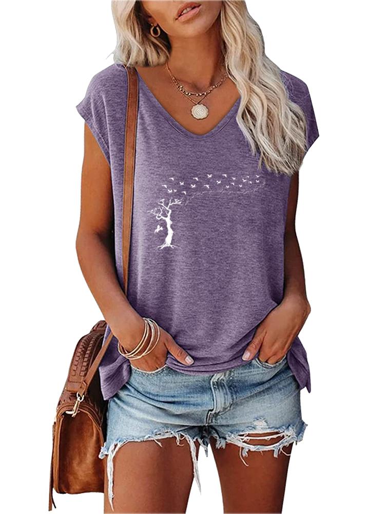 Women Fashion T-shirt Summer V Collar Print Short Sleeve Top Ladies Casual Tee Shirt