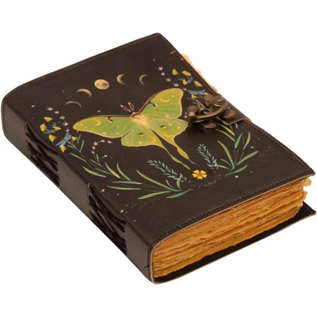 Bags sel de mer upcycled canvas crossbody bag for women and Leather journal Luna Moths and Morpho Butterfly Print Diary Perfect Present