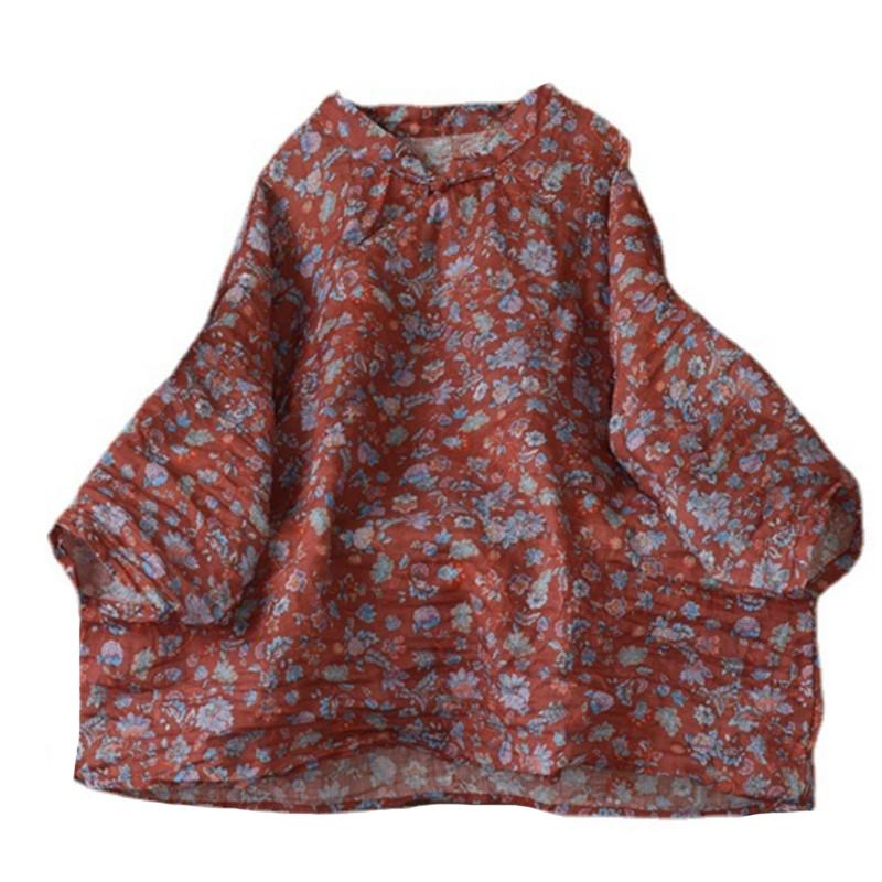 Johnature Women Ramie Shirts Print Floral Stand Long Sleeve Chinese Style Tops Spring Vintage High Quality Women Clothes