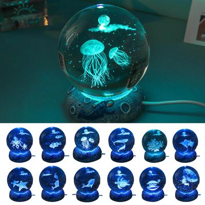 3D Crystal Ball Night Lights Glowing Sea Jellyfish Astronaut USB Power Warm Bedside Light Christmas Kid Gift Night Lamp