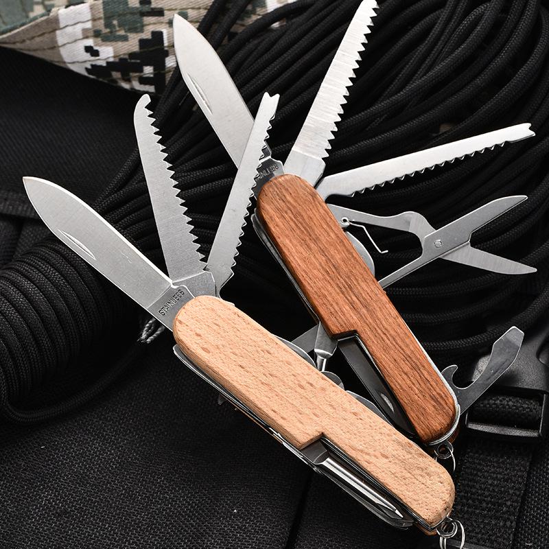 Spot Stainless Steel 11-in-1 Outdoor Multi-Tool Pocket Knife with Wooden Handle