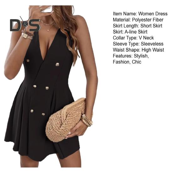 Women's Double Breasted Blazer Vest Dress Sleeveless Deep V-Neck Mini Dress Summer High Waist Pleated Short Skirt