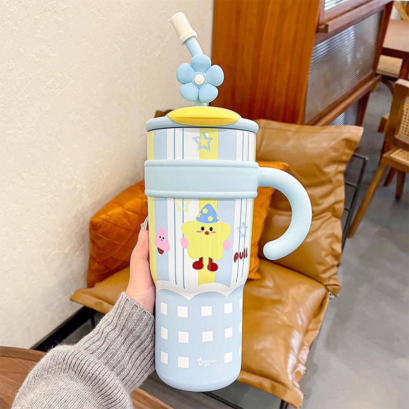 

700/1200 мл Термос из нержавеющей стали Милая чашка-соломинка с котиком Большая емкость Бутылка для воды Автомобиль Путешествия на открытом воздухе Кружка для кофе Подарок