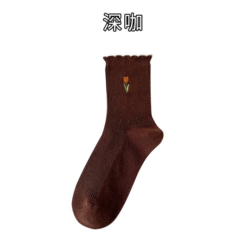 Socks, Women'S Double-Needle Cotton Socks, Medium Socks, Xiaohongshu Explosive Tulip Flower Socks, Embroidered Cotton Socks