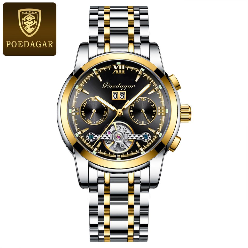 POEDAGAR Automatische mechanische Herrenarmbanduhr Hohl-Tourbillon Edelstahl-Uhr Wasserdicht Leuchtend Datum Uhren