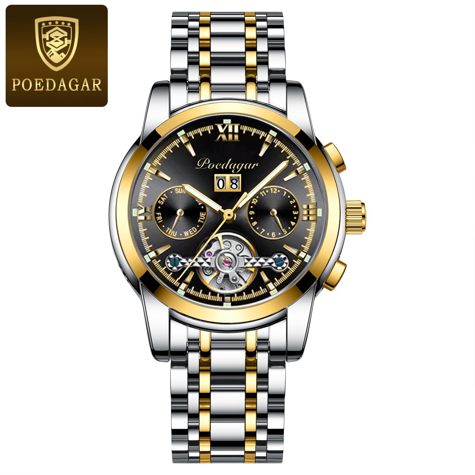 

POEDAGAR Automatic Mechanical Men Wristwatch Hollow Tourbillon Stainless Steel Watch Waterproof Luminous Date Watches чёрный/золотой