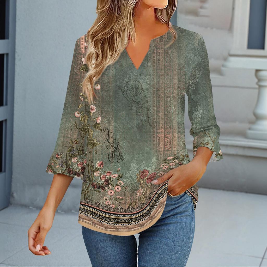 3/4-ermetopper for kvinner T-skjorte Casual Trompetermer Trykk Tunika V-hals Pullover Bluse