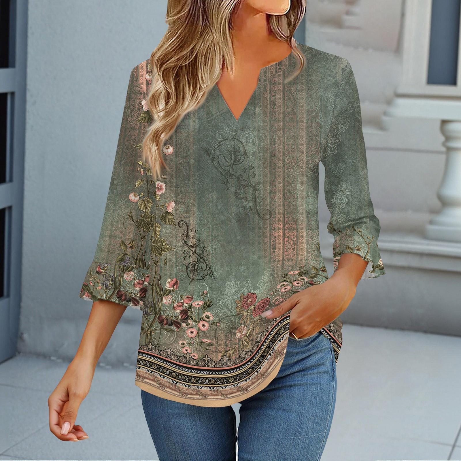 

Топы с рукавом 3/4 для женщин Футболка Повседневная с расклешенными рукавами Принт Туника V-образный вырез Пуловер Блузка S