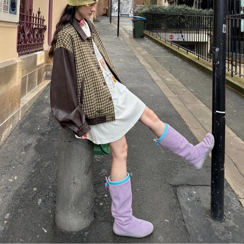 NEW Vintage Winter Women Knee High Boots Back Purple Knight Long Booties Designer Low Heel Botas De Mujer