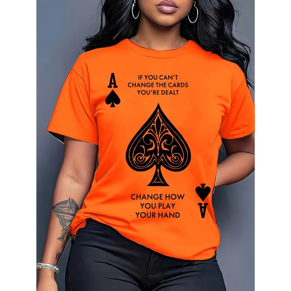 Plus Size Women's Ace of Spades Graphic T-Shirt - Casual Short Sleeve Crew Neck Top