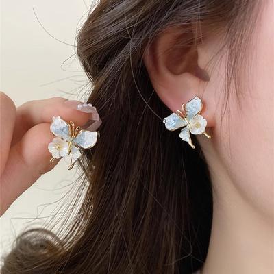 Small Fresh Advanced Sense Gradient Blue Butterfly Flower Earrings For Women