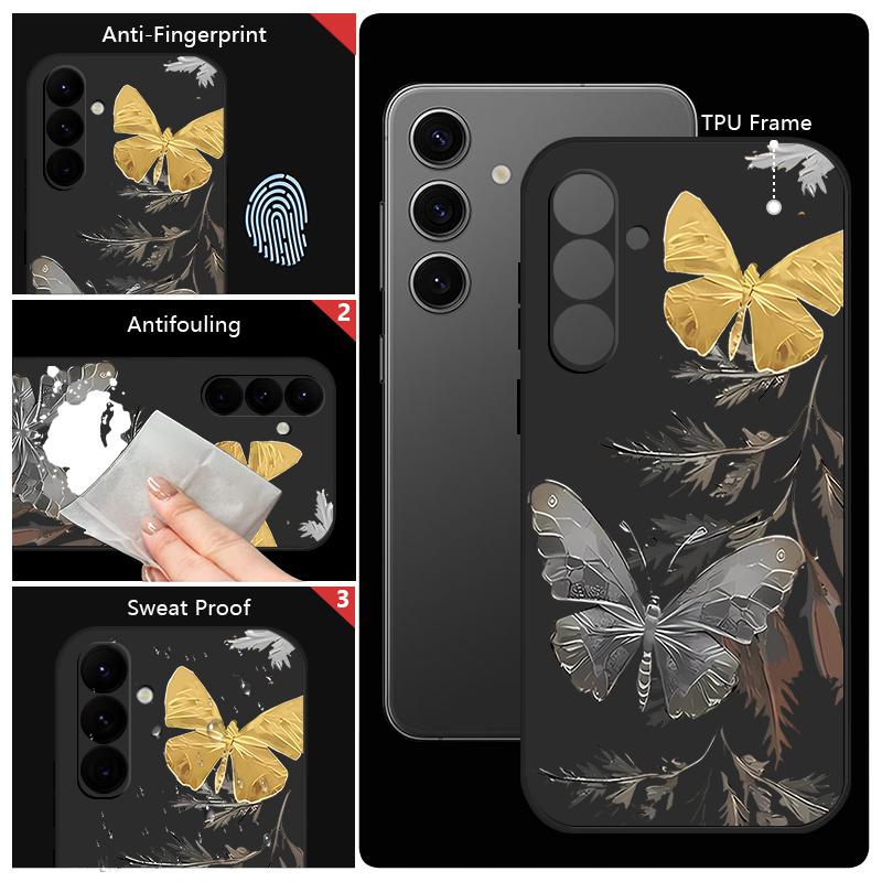Plating Lens Golden Butterfly Pattern Case For Samsung Galaxy A56 A17 A26 A16 A36 A55 A54 A53 A15 S24 S25 FE S25 S22 S23 Ultra Plus Lanyard Soft Cover
