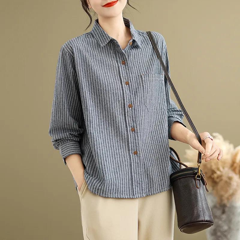 Women Blue Striped Cotton Linen Lapel Long Sleeve Shirt