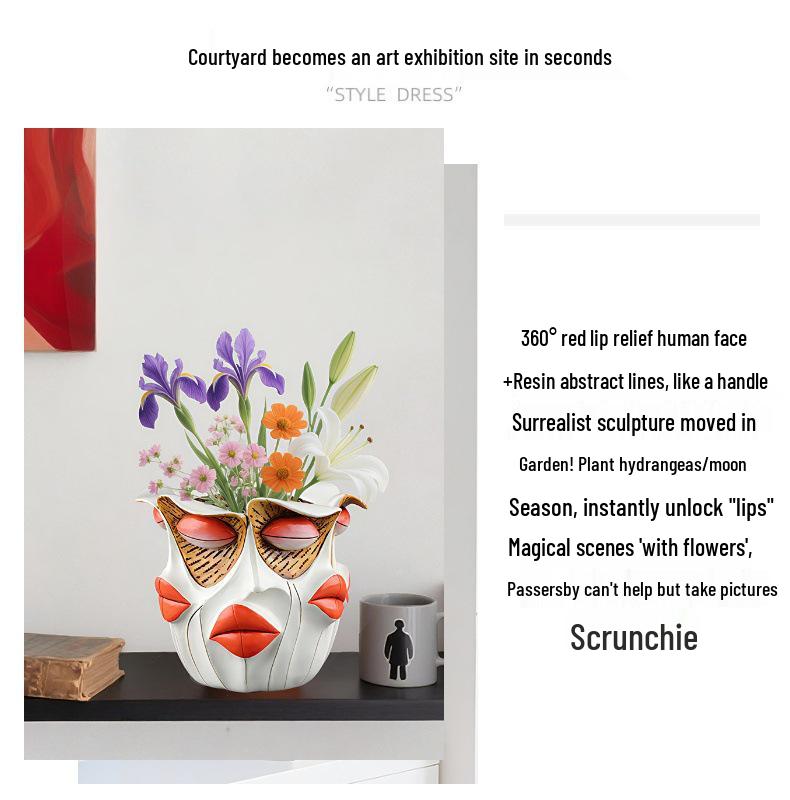 Abstract Red Lips Face Flower Pot: Resin Ornament for Courtyard, Balcony, or Garden Bonsai.