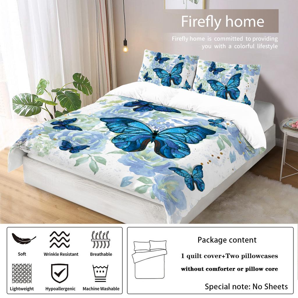 3-piece down duvet cover set with blue butterfly rose pattern print (1 duvet cover+2 pillowcases, no core) bedding set