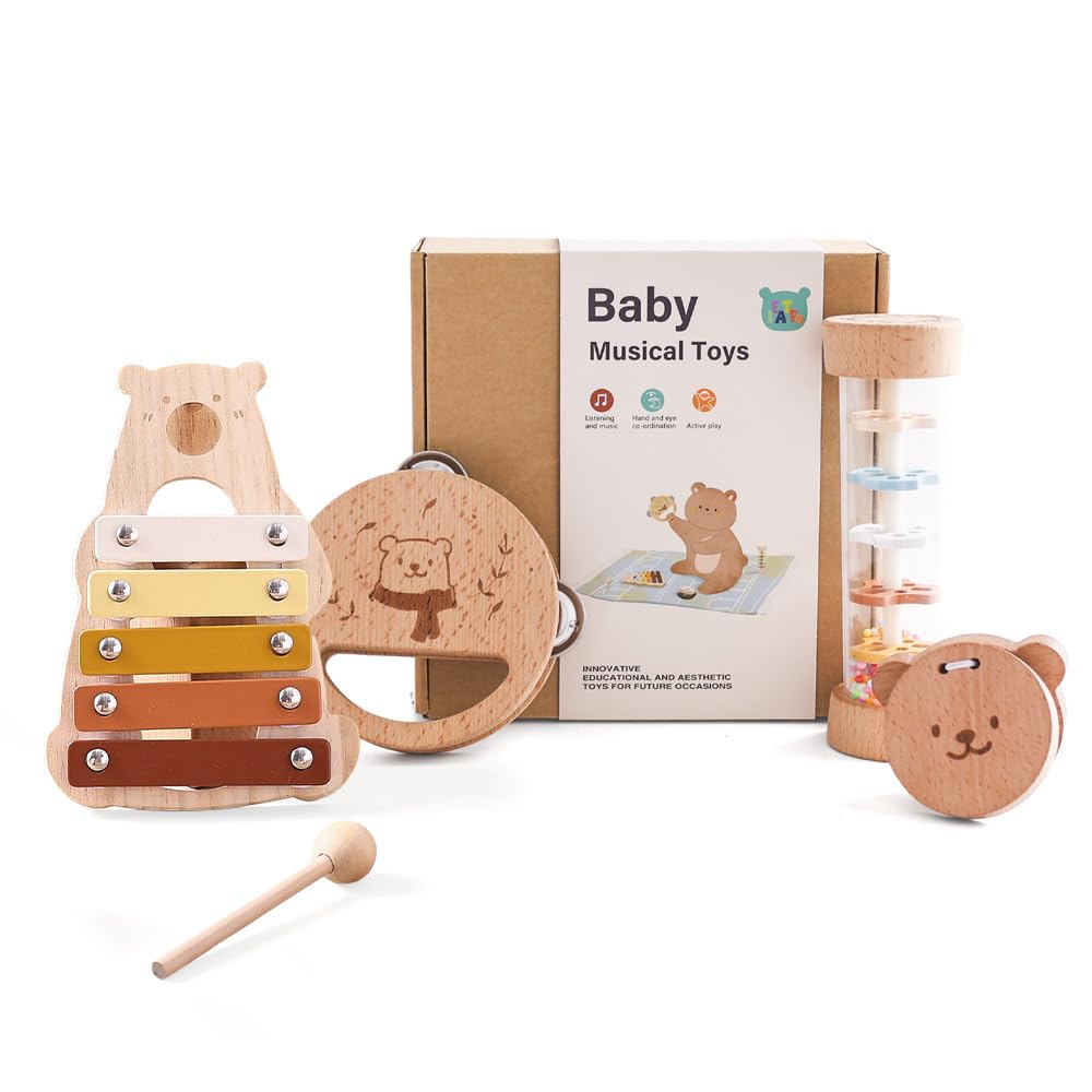 IEATFO Baby Musical Instruments - Your Child s First Musical Toys with Castanet Rainmaker Tambourine Xylophone - Baby Friendly Design Wooden