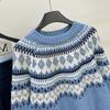 Nanyou 2026 Women's Blue Fair Isle Snowflake Logo Long Sleeve Slimming Pullover Sweater