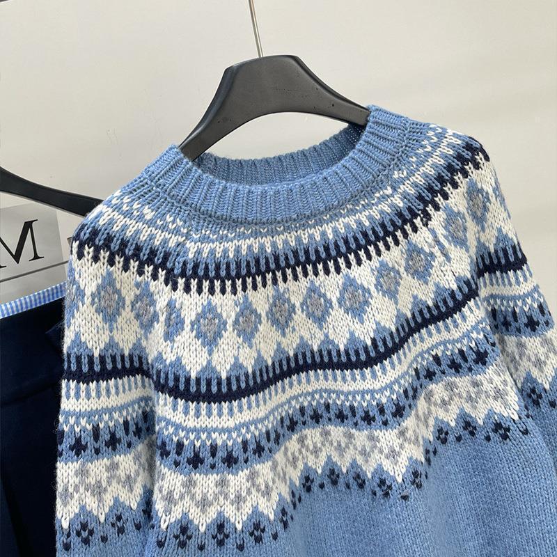Nanyou 2026 Women's Blue Fair Isle Snowflake Logo Long Sleeve Slimming Pullover Sweater